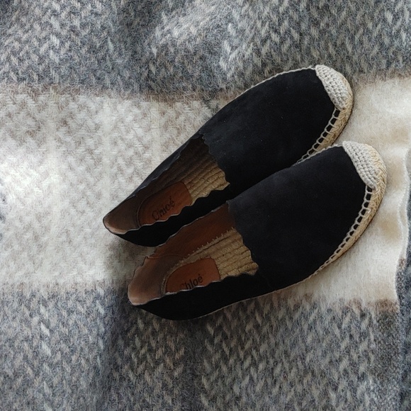 Chloe Shoes - CHLOE Lauren scalloped suede espadrille black slip ons loafers 39 9